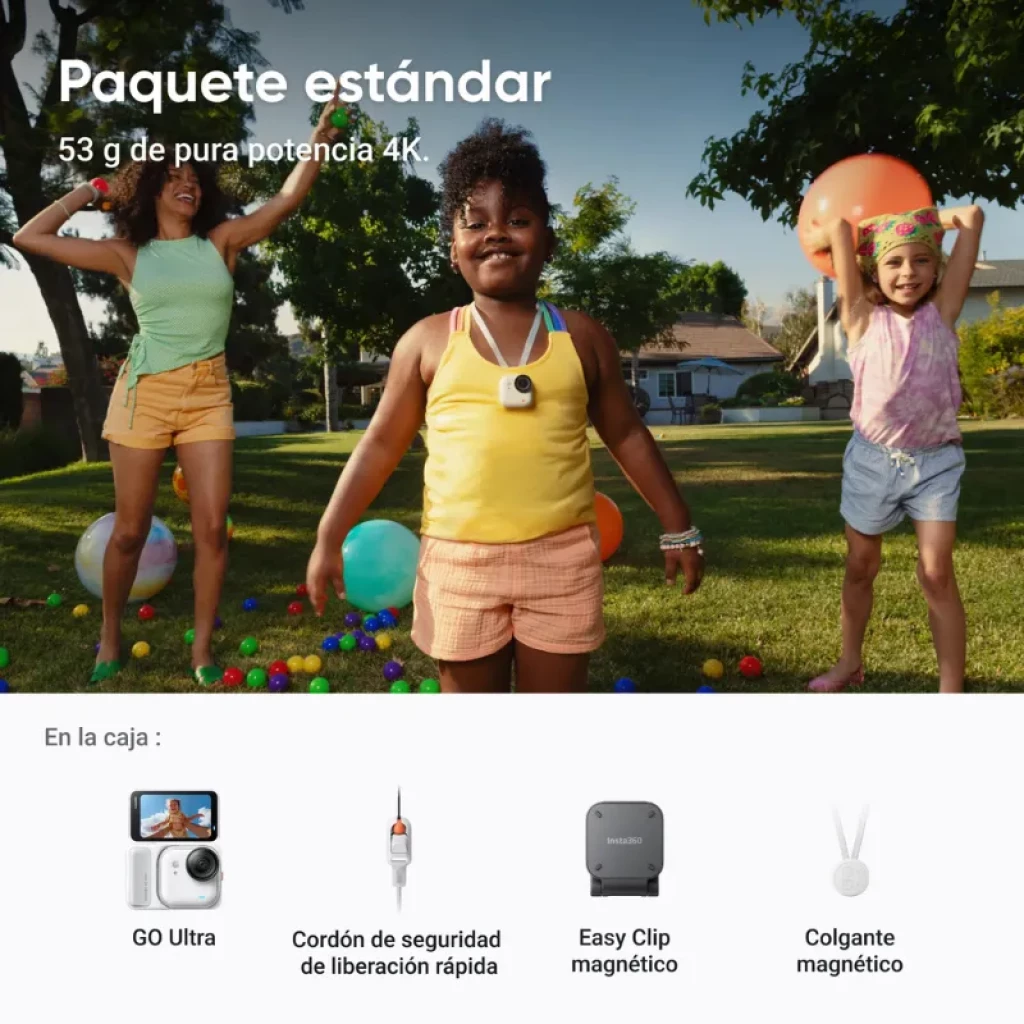 Insta360 Go Ultra Blanc 4K compacte, boîtier blanc lisse, objectif noir discret, accessoires inclus corde de sécurité, clip magnétique, collier magnétique