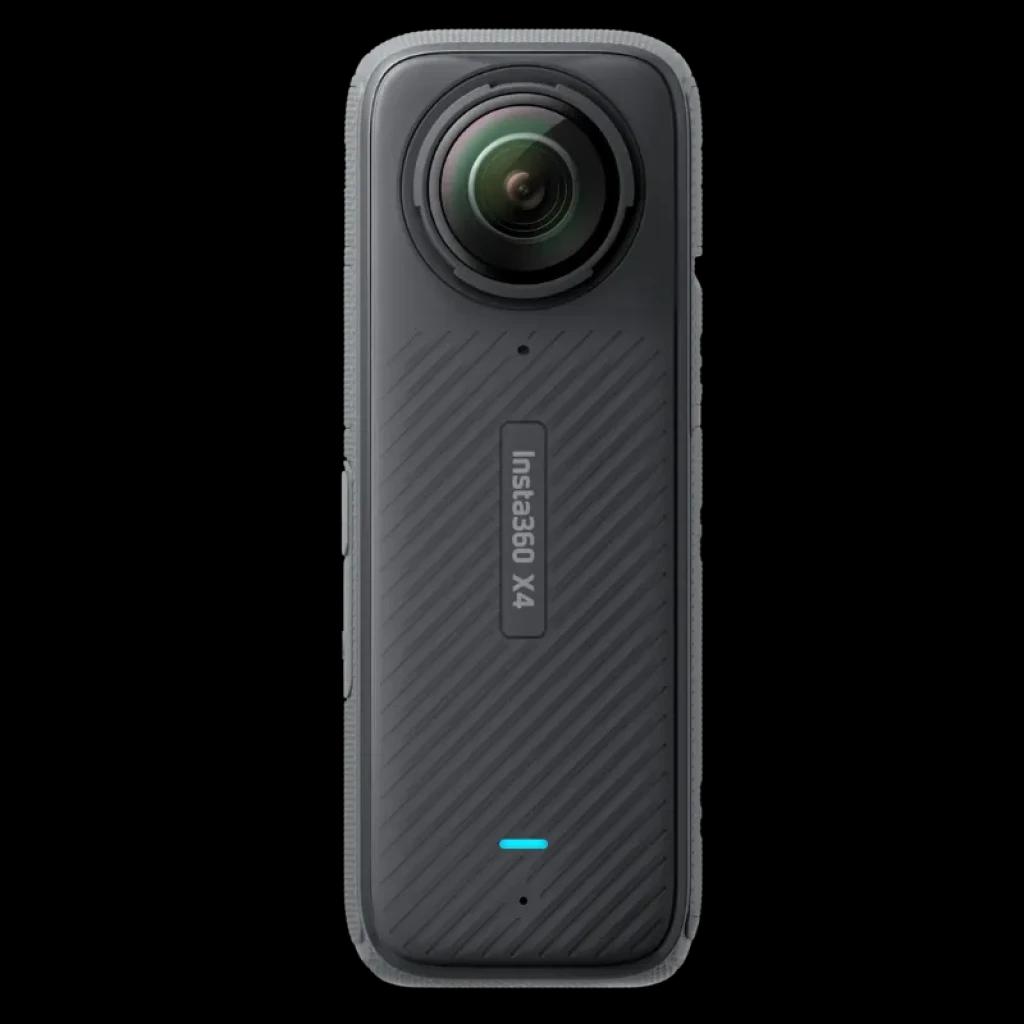 L'Insta360 X4 permet de filmer en 8K à 360° avec une résolution de 72 MP ; elle présente un boîtier vertical noir texturé, un objectif fisheye proéminent à l'avant, un écran latéral et une LED bleue en bas