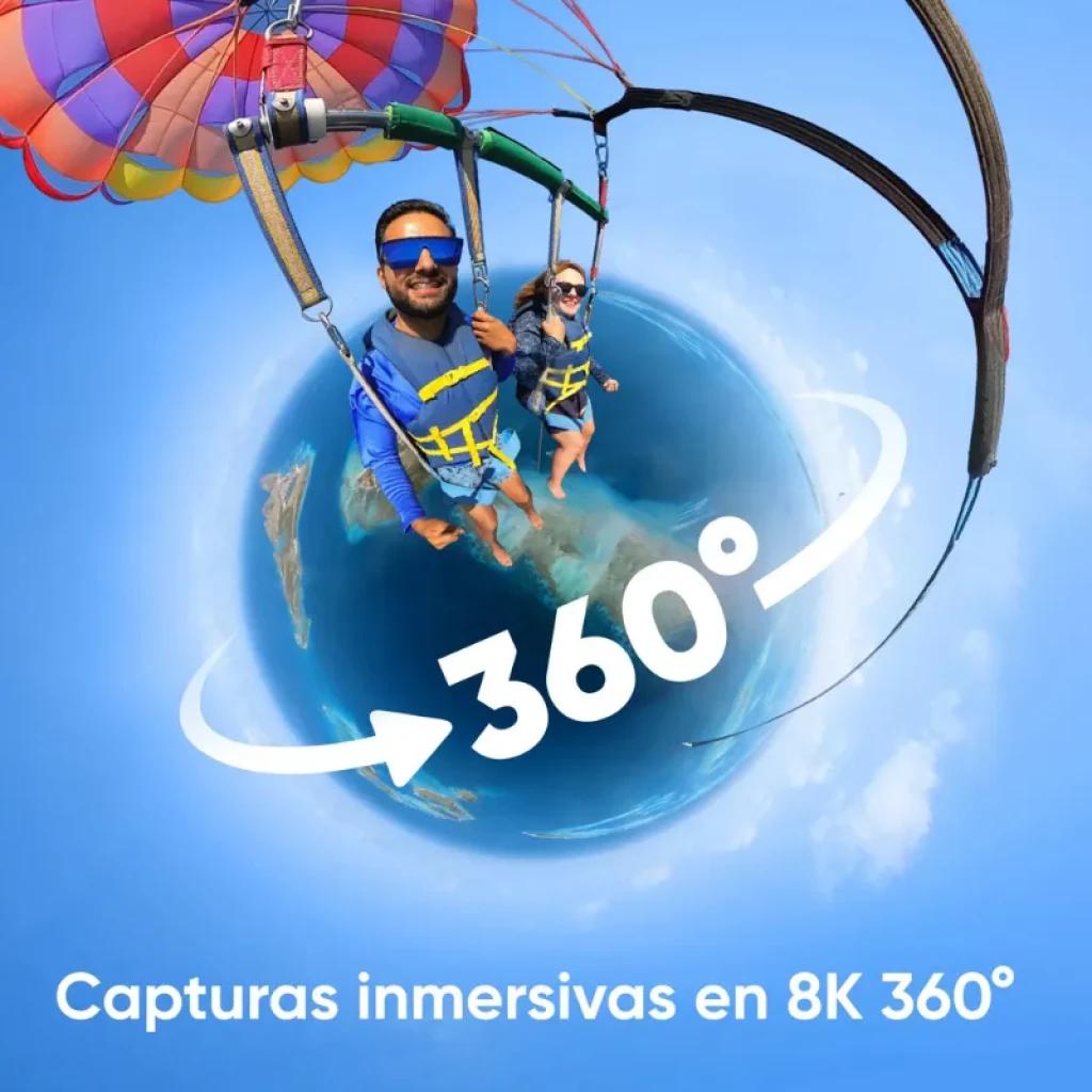Caméra d'action Insta360 X4 8K à 360° avec double objectif, design compact et écran frontal ; idéale pour les prises de vue immersives de type « petite planète » et les scènes d'action aérienne