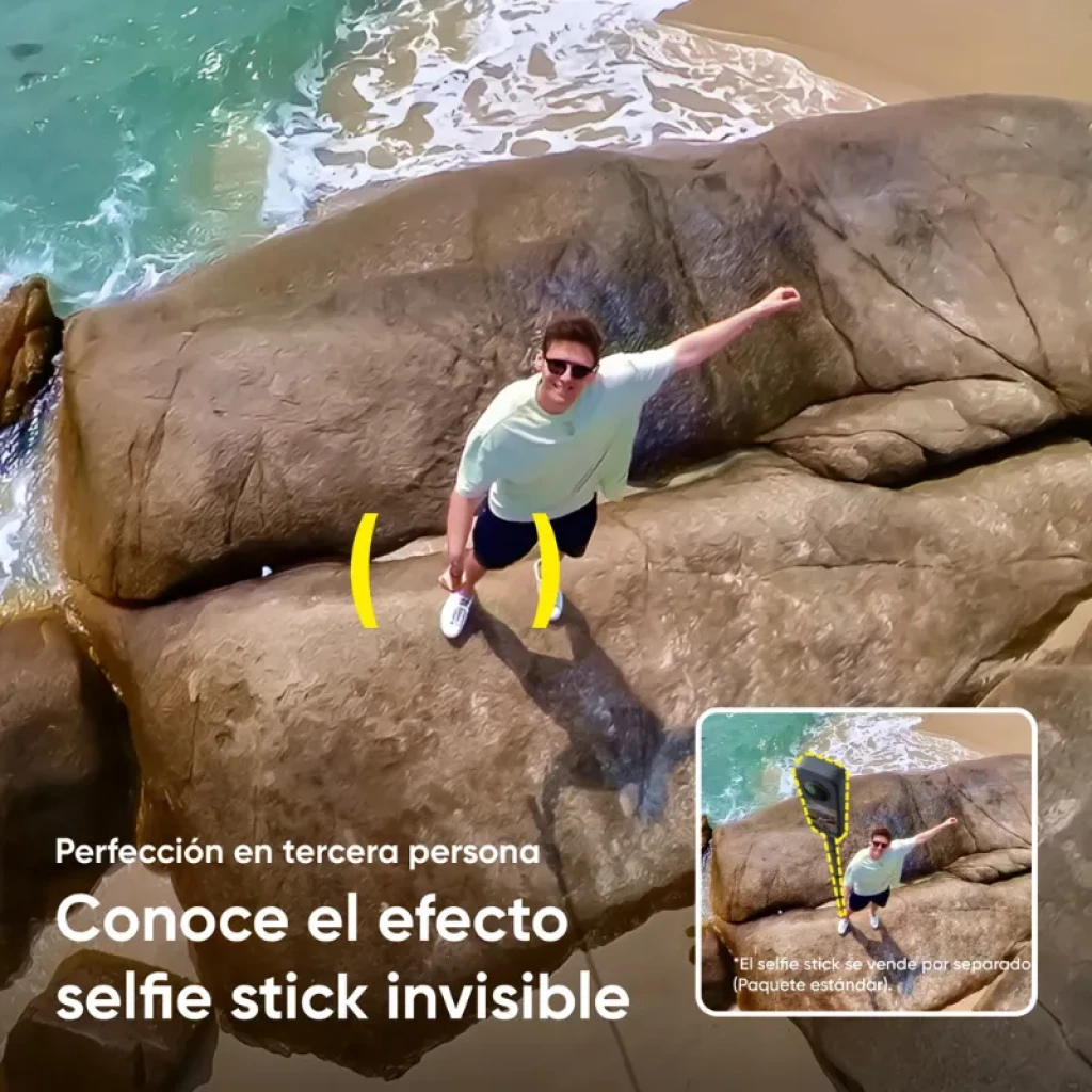 Caméra Insta360 X4 360° 8K 72 MP avec effet « selfie stick » invisible ; design compact, écran frontal et double objectif, idéale pour les scènes d'action et les prises de vue aériennes