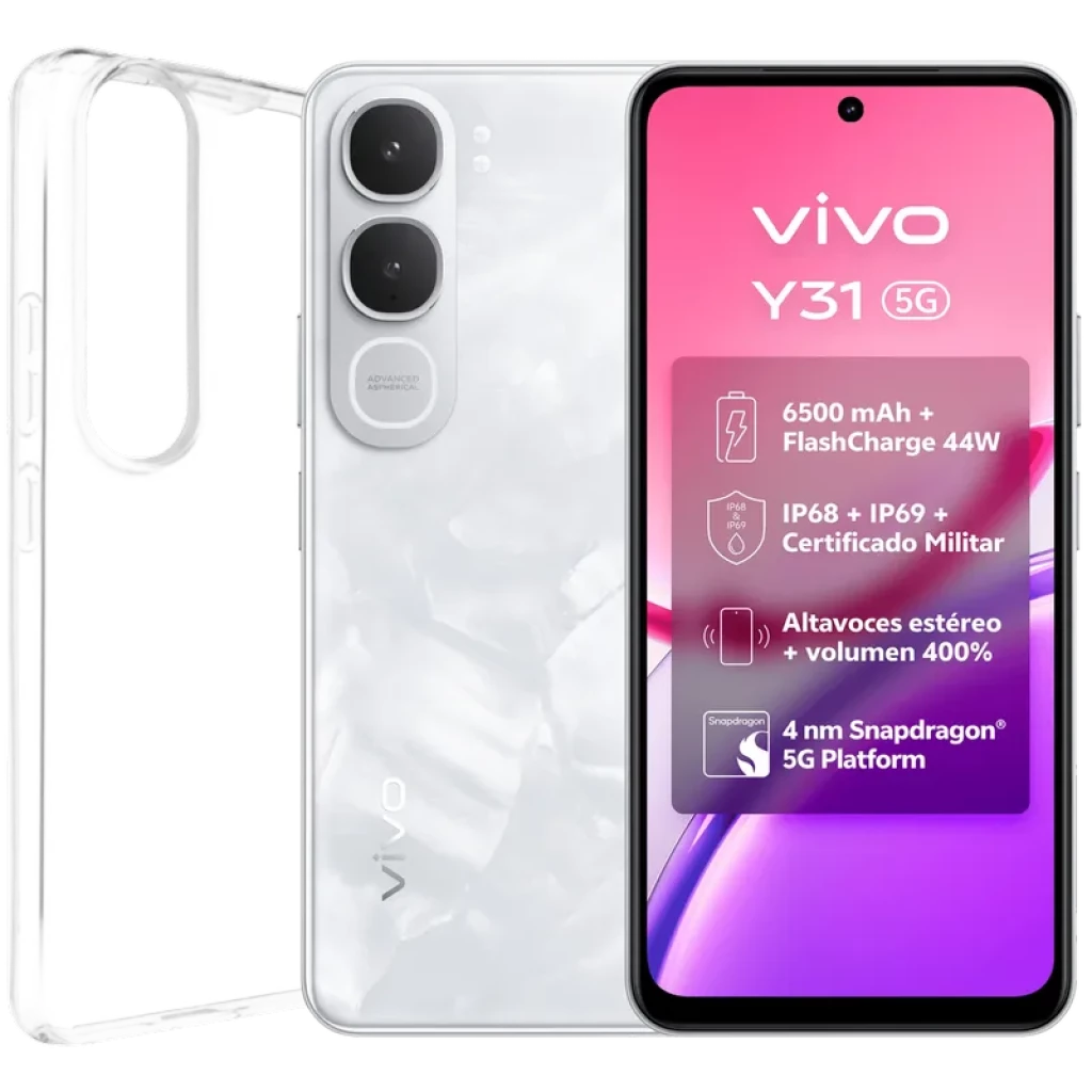 Vivo Y31 5G blanco con pantalla HD+ perforada, doble cámara trasera con módulo ovalado, frontal con biseles finos. Incluye funda transparente protectora.
