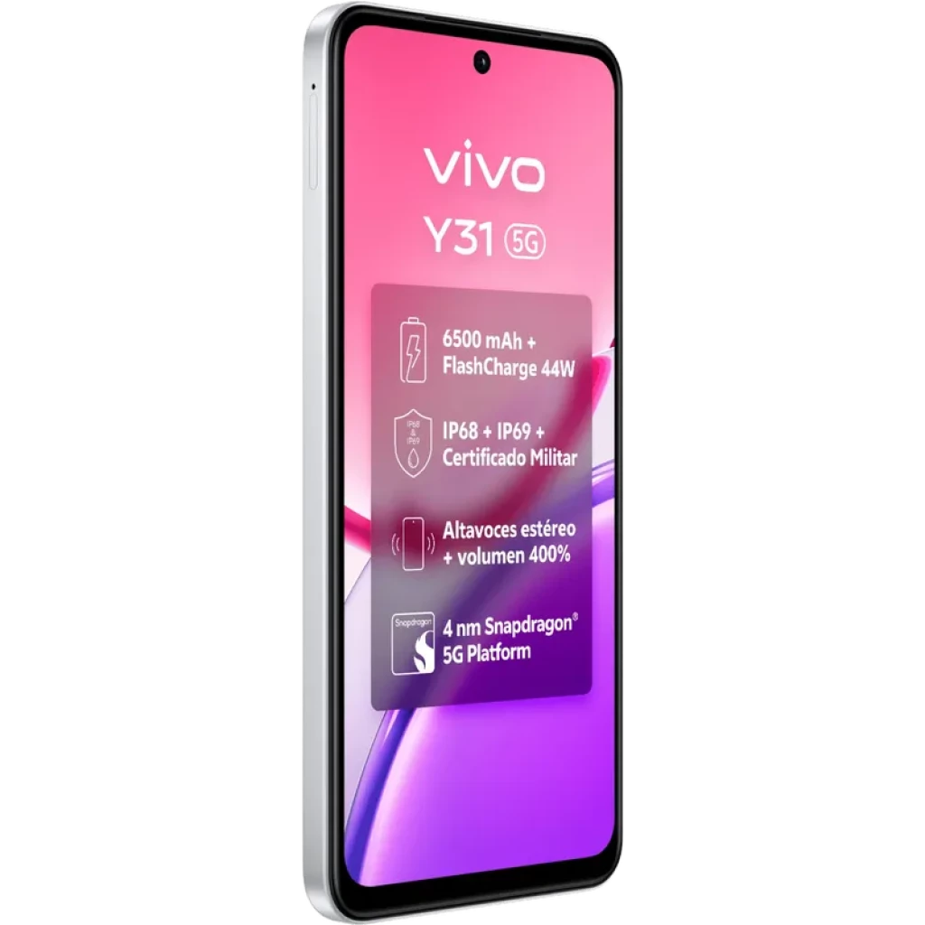 Vivo Y31 5G blanco con pantalla HD+ perforada, marco plateado, destaca batería 6500 mAh con carga 44W, IP68, altavoces estéreo y Snapdragon 4 Gen 2 4 nm
