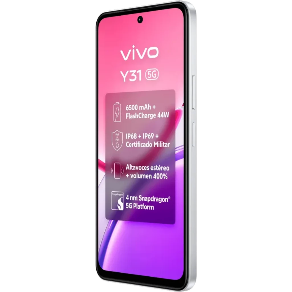 Vivo Y31 5G blanco con pantalla HD+ casi sin bordes, cámara frontal en orificio, marco plateado y especificaciones destacadas en el display
