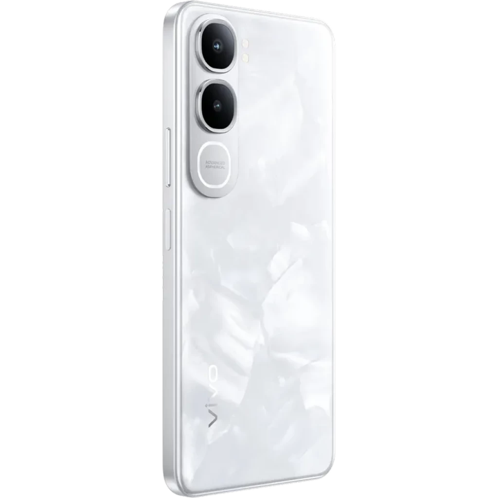 Vivo Y31 5G blanco con acabado nacarado, módulo de cámara dual vertical con aro plateado y bordes planos; diseño delgado y elegante en 256GB 6GB RAM