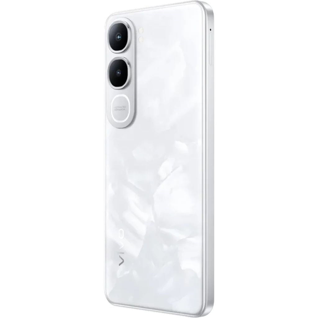 Vivo Y31 5G blanco con acabado nacarado, dos cámaras traseras en módulo vertical y flash LED, bordes rectos y logo discreto en la parte baja
