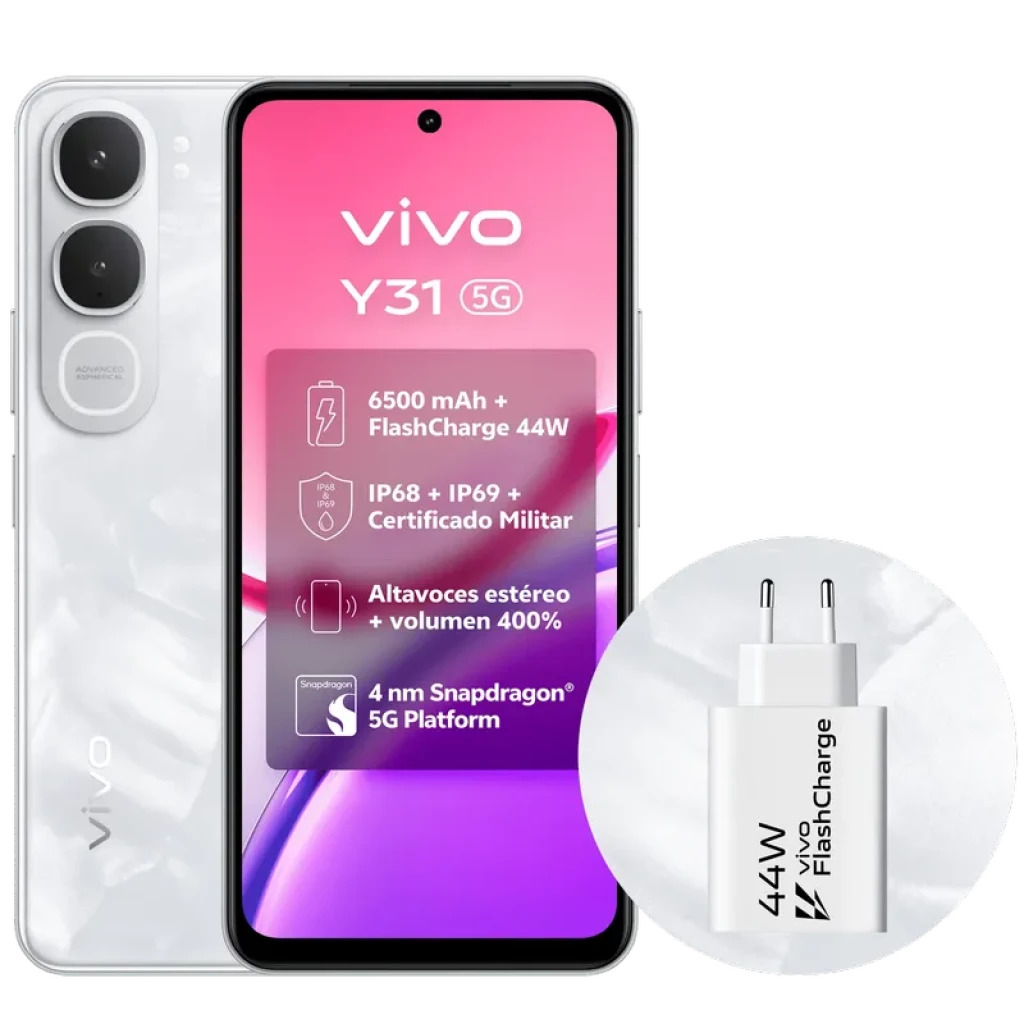 Vivo Y31 5G blanco con pantalla 120Hz, doble cámara trasera, frontal perforada, incluye cargador 44W; texto destaca IP68 IP69, 6500 mAh y 6GB RAM