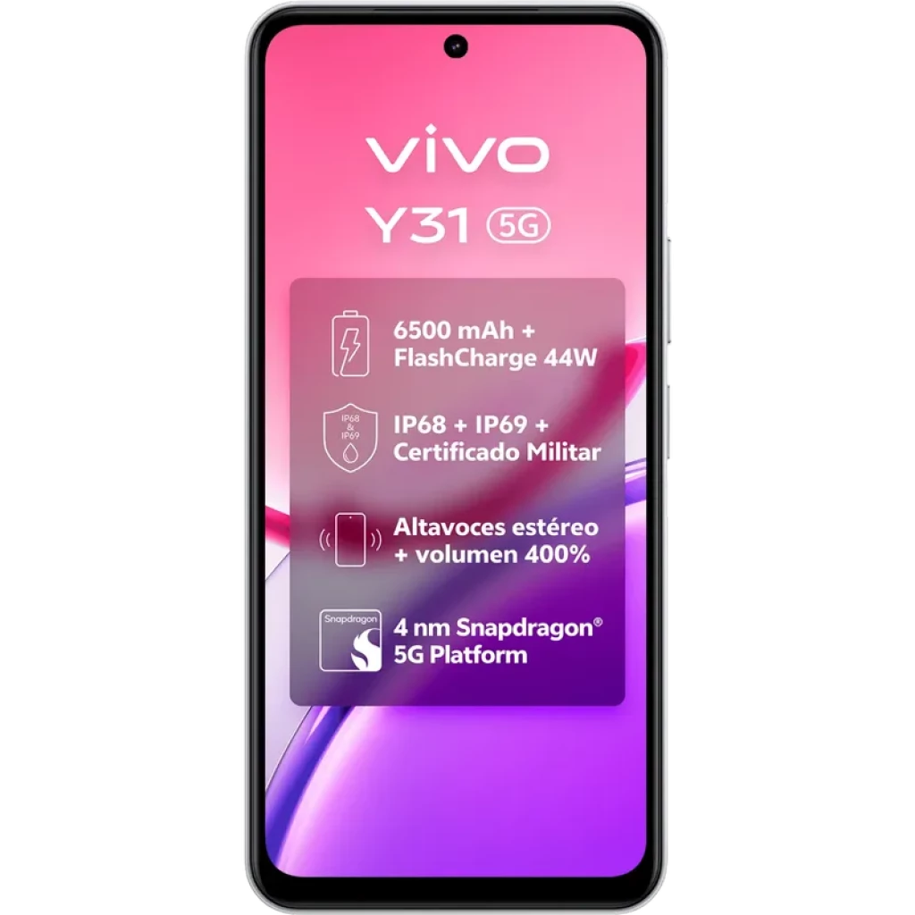Vivo Y31 5G blanco con pantalla 120 Hz, cámara frontal en orificio, biseles delgados, texto destacando 6500 mAh, FlashCharge 44W, IP68/IP69 y altavoces
