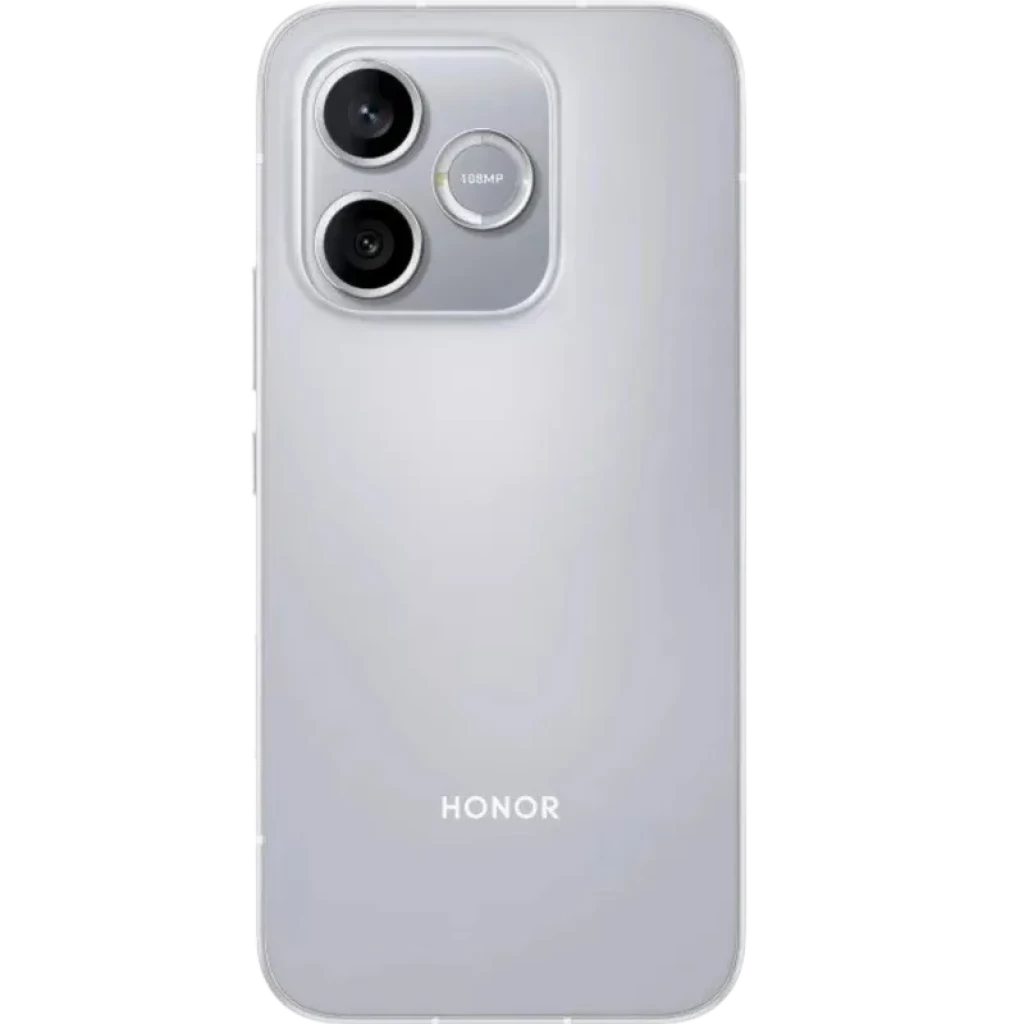 Traseira cinzenta elegante com duas câmeras grandes e anel 108 MP destacado, acabamento fosco suave e logo HONOR centralizado