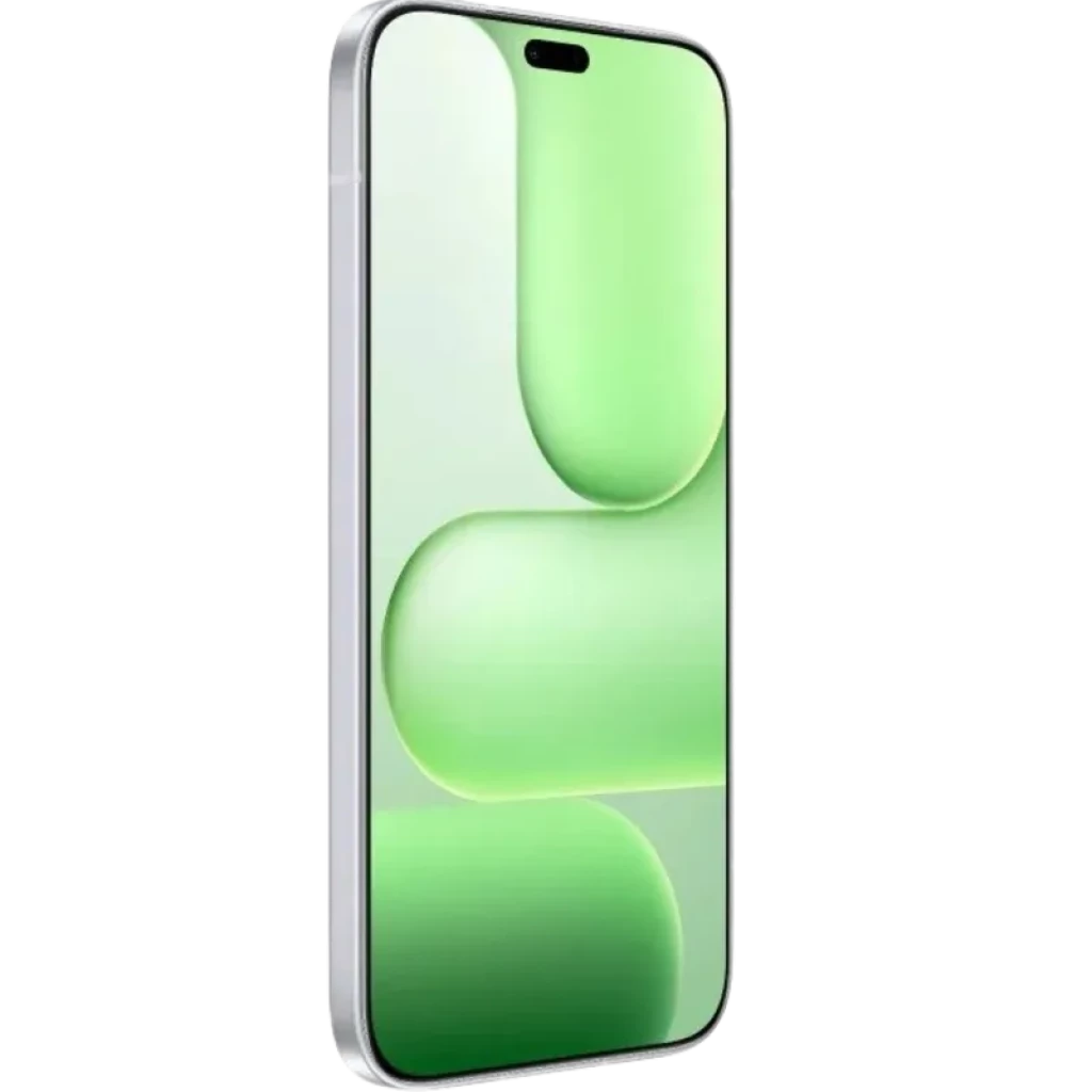 Smartphone cinzento com tela grande de bordas finas, furo duplo para câmera frontal e laterais metálicas; display com wallpaper verde vibrante