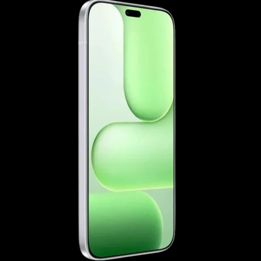Smartphone cinzento com tela grande de bordas finas, furo duplo para câmera frontal e laterais metálicas; display com wallpaper verde vibrante