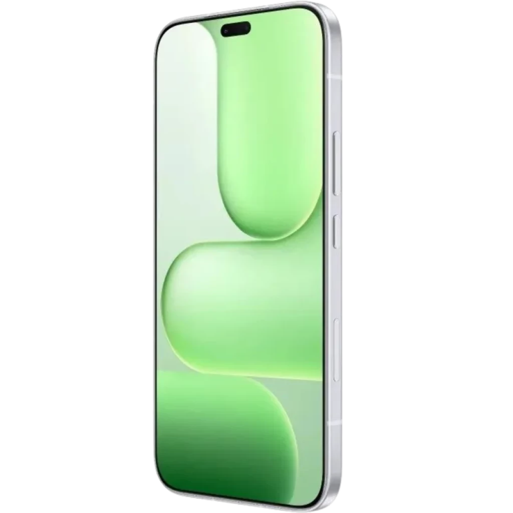 Smartphone cinzento com ecrã grande de bordas finas, cantos retos e recorte duplo para câmara frontal; lateral com botões de volume e power visíveis