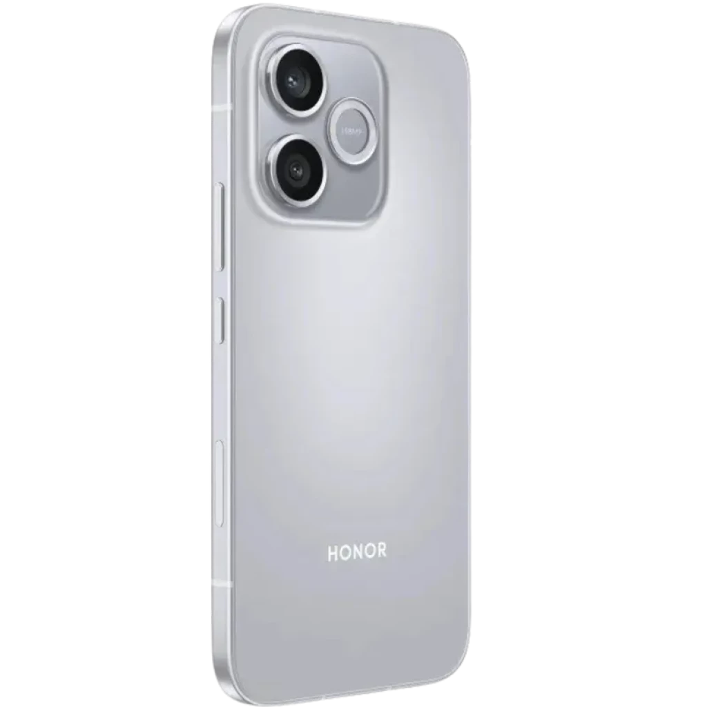 Honor 600 Lite 5G cinzento com traseira brilhante, módulo de câmara dupla grande com aro prateado, botões laterais e acabamento minimalista elegante