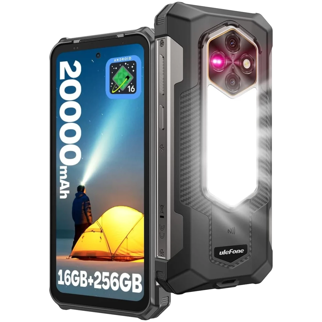 Ulefone RugKing 5 Pro negro robusto con carcasa reforzada, triple cámara trasera con flash potente, pantalla mostrando 20000 mAh y 16GB+256GB