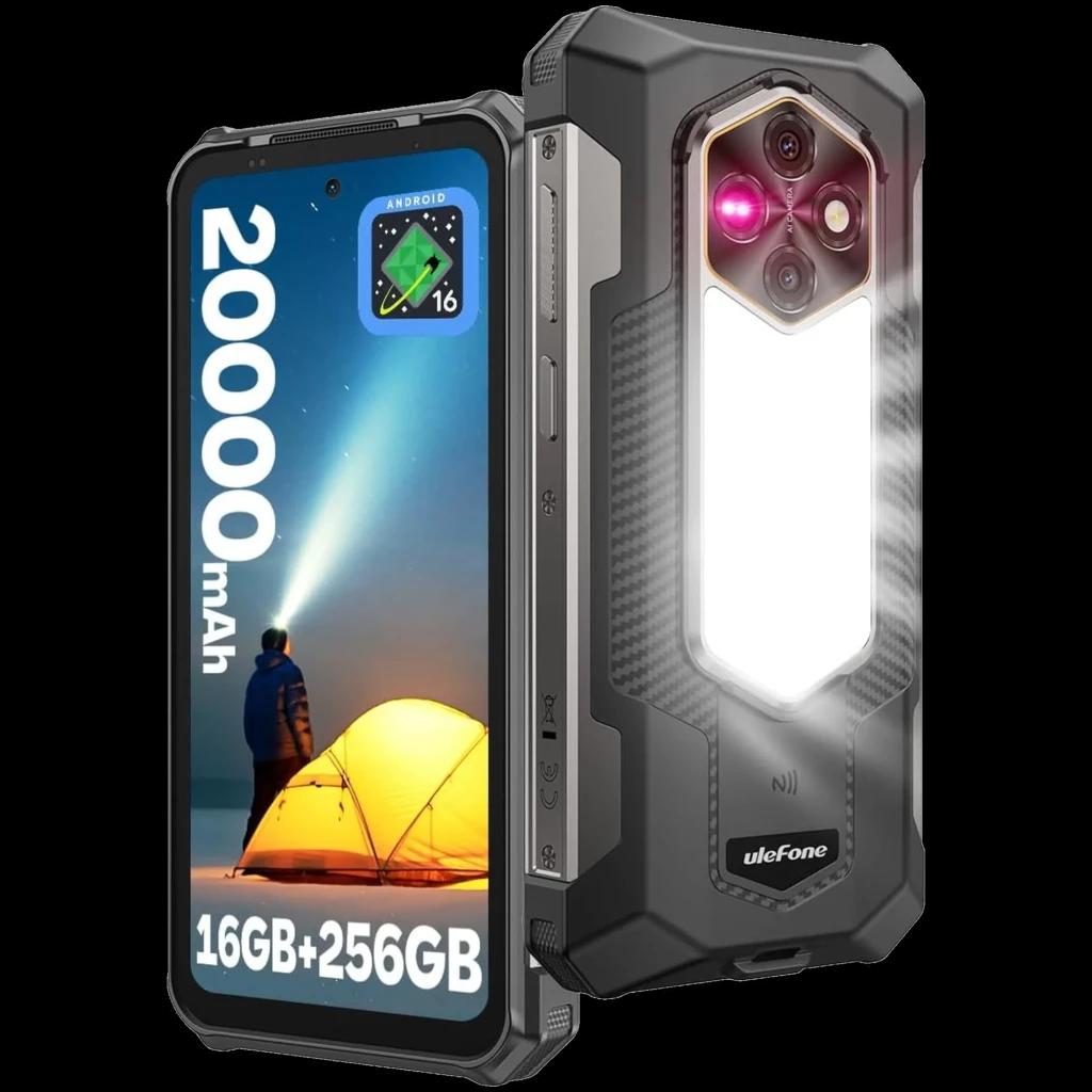 Ulefone RugKing 5 Pro negro robusto con carcasa reforzada, triple cámara trasera con flash potente, pantalla mostrando 20000 mAh y 16GB+256GB