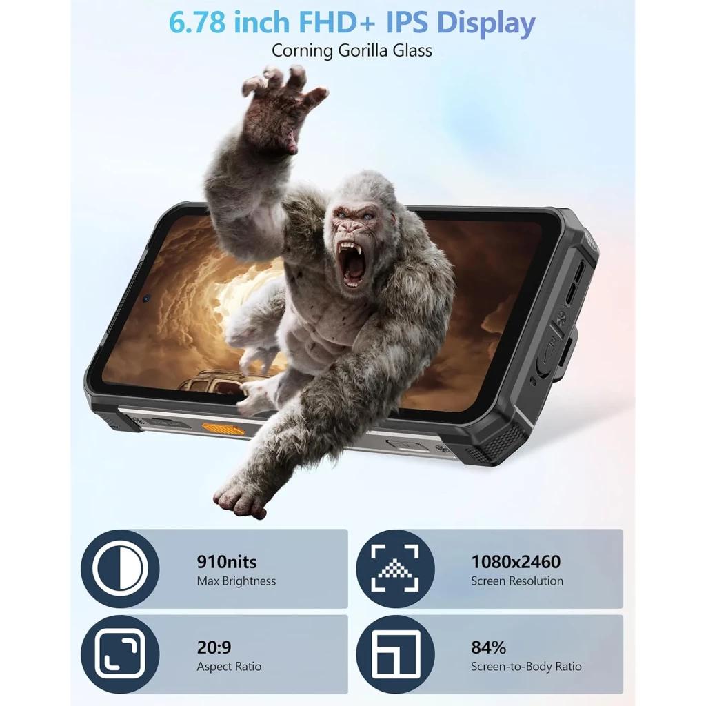 Ulefone RugKing 5 Pro negro con pantalla 6.78 FHD+ IPS, vidrio Gorilla Glass, biseles robustos, puerto lateral, 20:9, 1080x2460, brillo 910 nits, 84% pantalla