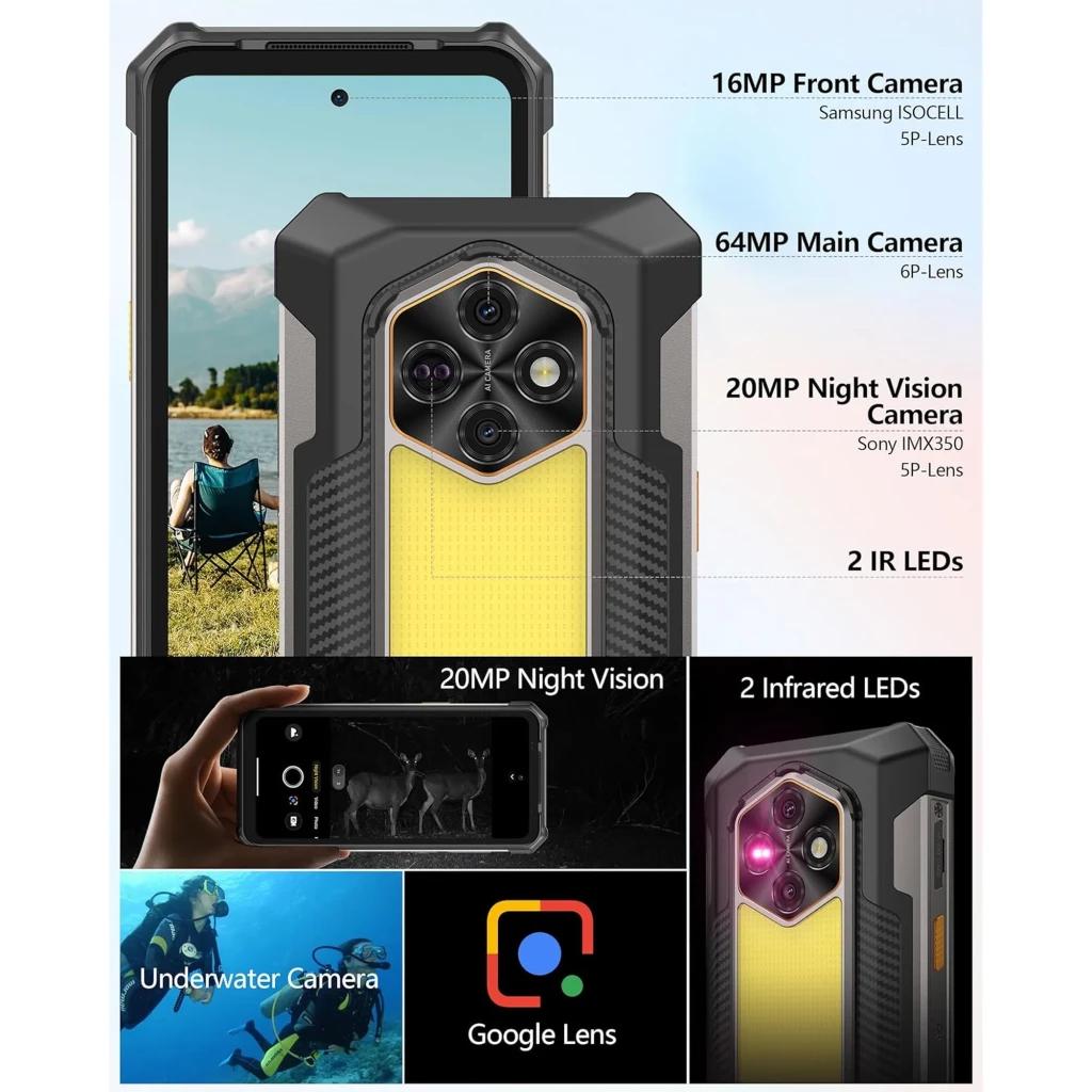 Ulefone RugKing 5 Pro negro resistente con módulo de cámaras traseras hexagonal: 64MP principal, 20MP visión nocturna con 2 IR, 16MP frontal, cuerpo robusto