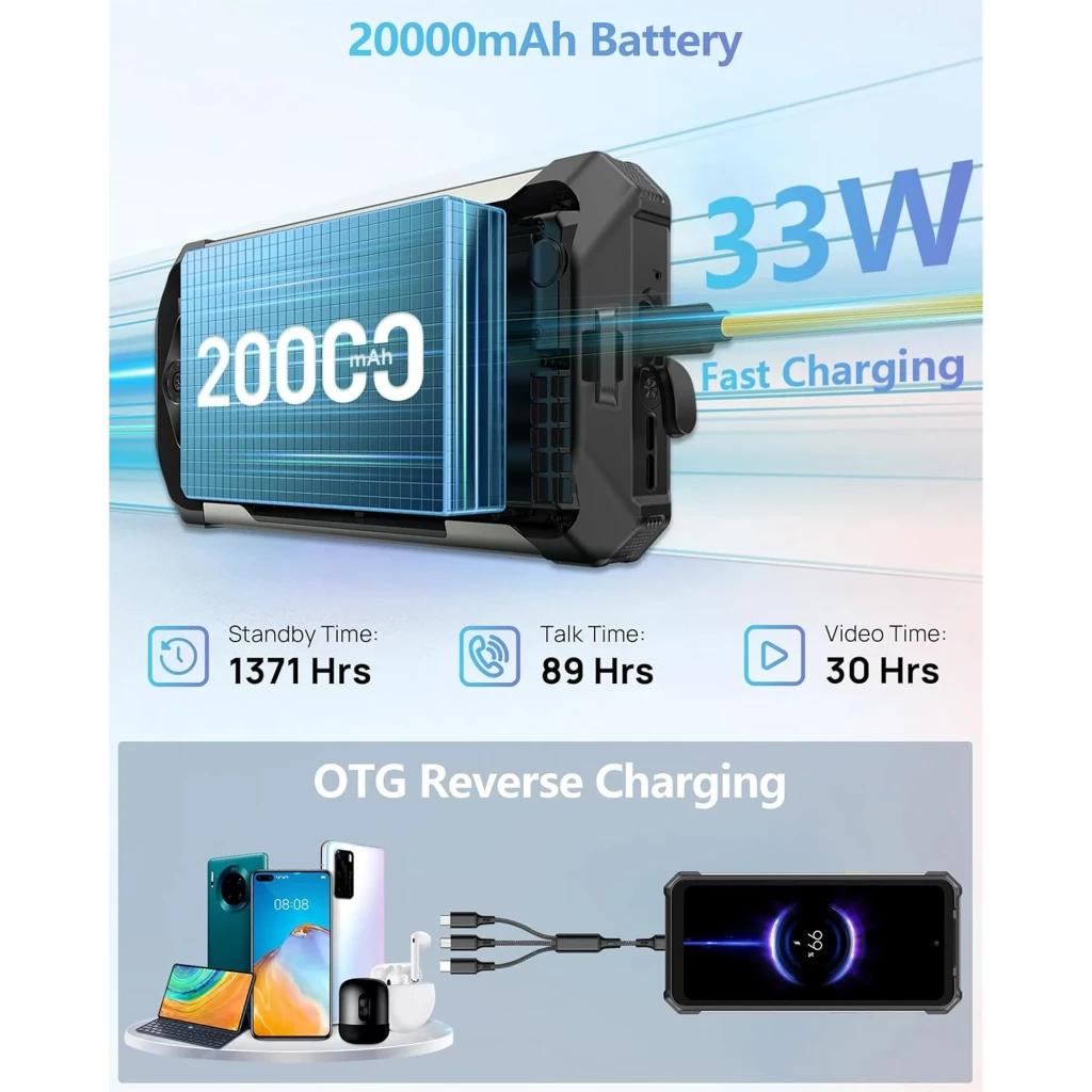 Ulefone RugKing 5 Pro negro con batería 20000 mAh, carga rápida 33W y OTG reverse; diseño rugerizado, 8GB RAM y 256GB, puertos sellados y cuerpo robusto