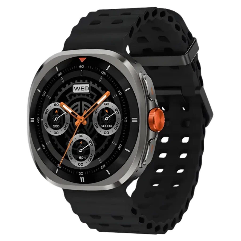 Haylou Vibe com ecrã AMOLED 1,43 pol, caixa metálica prateada, coroa laranja, mostrador preto com cronógrafos e bracelete preta perfurada