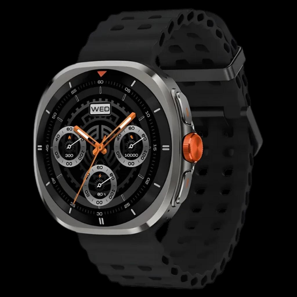 Haylou Vibe avec écran AMOLED 1,43 pouces, boîtier métal argenté, lunette noire, couronne orange, cadran sportif, bracelet silicone noir perforé