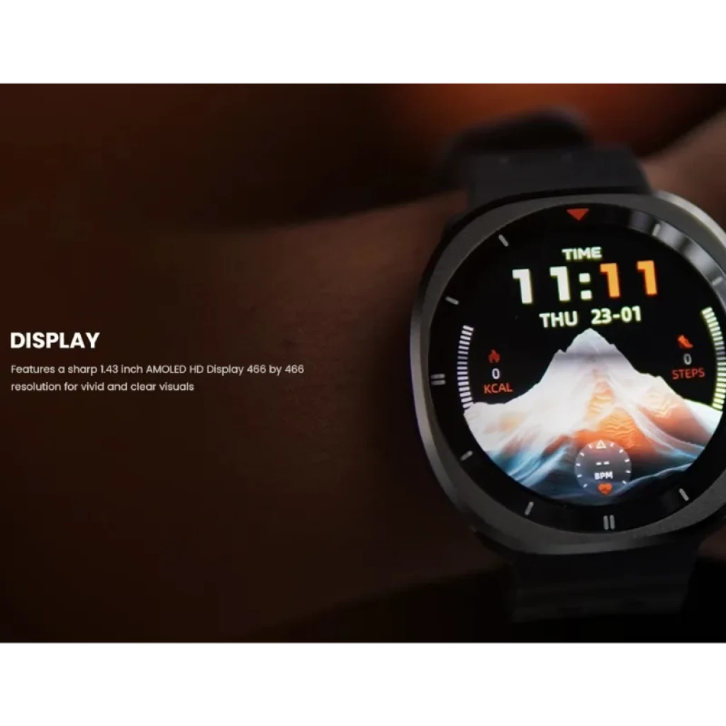 Haylou Vibe avec écran AMOLED 1,43 pouces net, cadran circulaire noir, bords fins, affichage 466x466 éclatant, suivi pas et calories, thème montagne