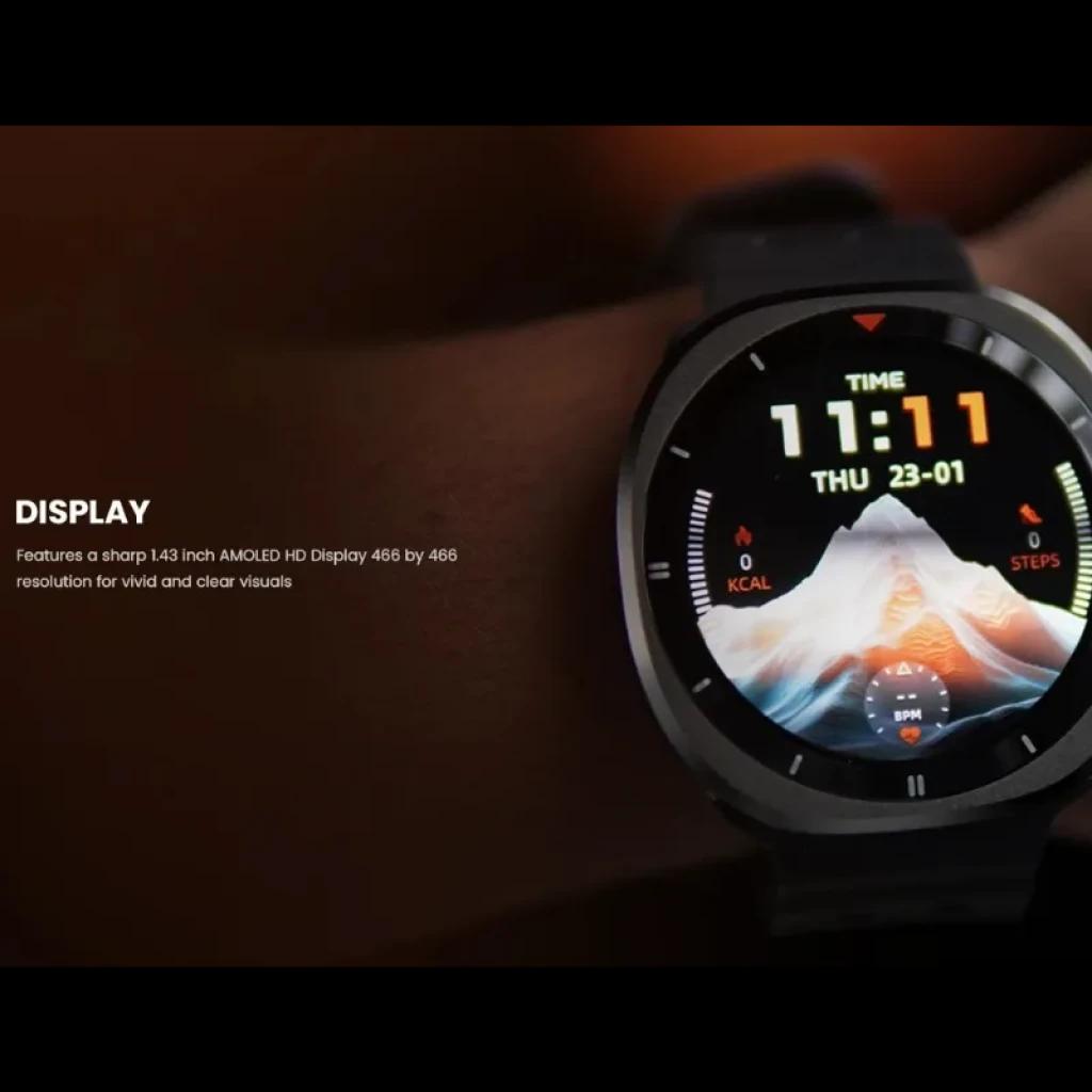 Haylou Vibe avec écran AMOLED 1,43 pouces net, cadran circulaire noir, bords fins, affichage 466x466 éclatant, suivi pas et calories, thème montagne