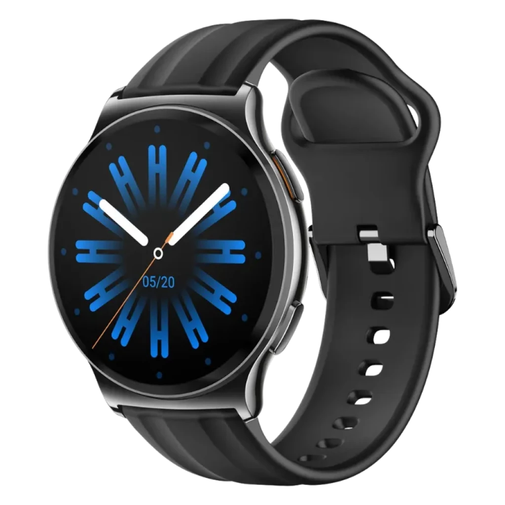 Haylou Solar Lite 2 Negro con pantalla AMOLED 1,43 pulgadas, caja metálica redonda y correa de silicona negra; esfera negra con detalles azules y blancos