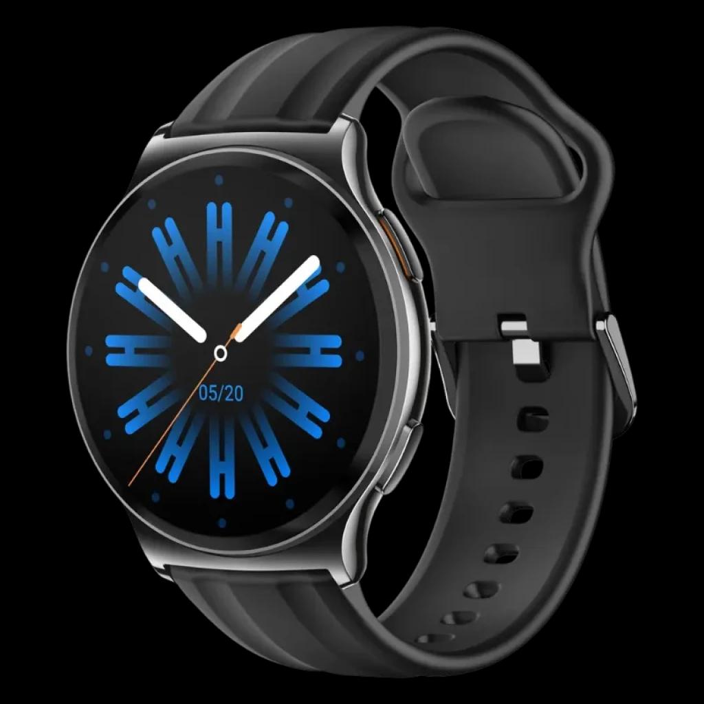 Haylou Solar Lite 2 Negro con pantalla AMOLED 1,43 pulgadas, caja metálica redonda y correa de silicona negra; esfera negra con detalles azules y blancos