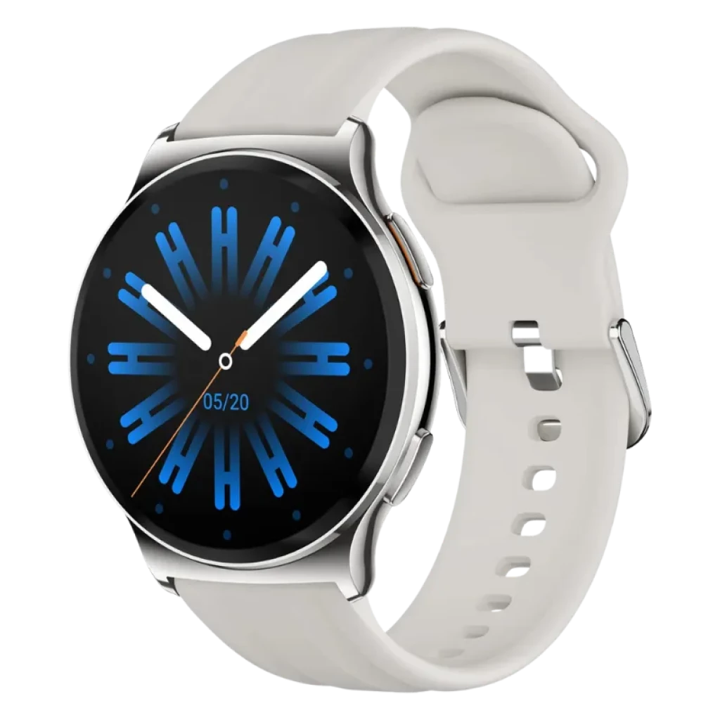 Haylou Solar Lite 2 Prata com ecrã AMOLED 1,43 pol, caixa metálica prateada e bracelete de silicone preta; mostrador circular com ponteiros brancos e azul