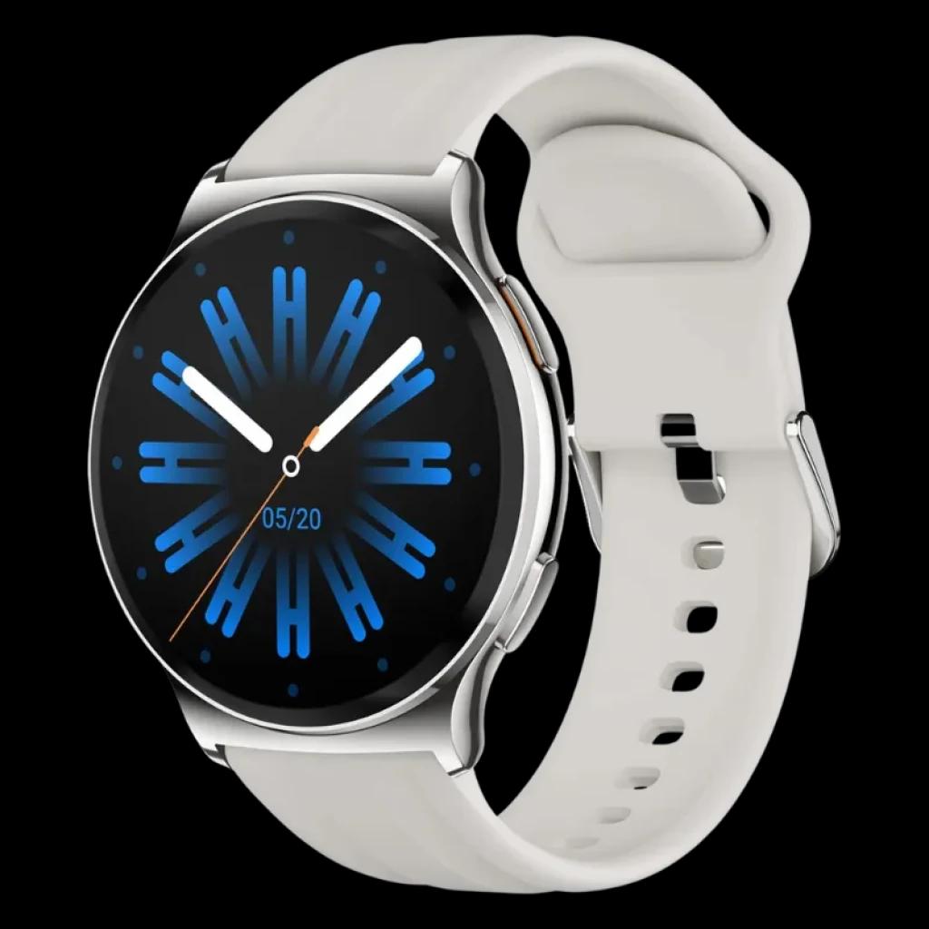 Haylou Solar Lite 2 Plata con pantalla AMOLED 1,43 pulgadas, caja metálica redonda y correa de silicona negra; esfera negra con detalles azules y blancos