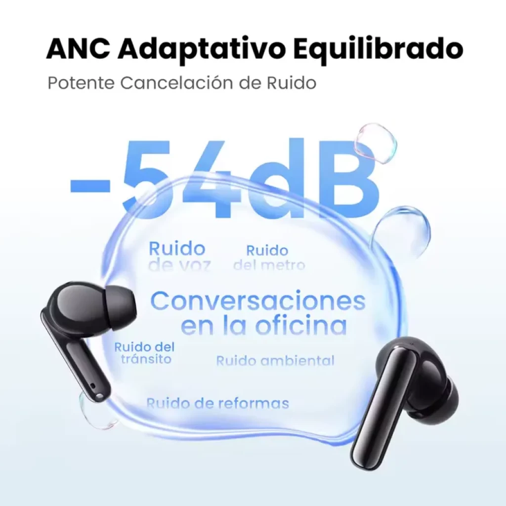 Auriculares blancos Haylou Flowbuds N55 con ANC adaptativo 54 dB, diseño in-ear con vástago corto, reducción de ruido de voz, motor, tránsito y ambiente