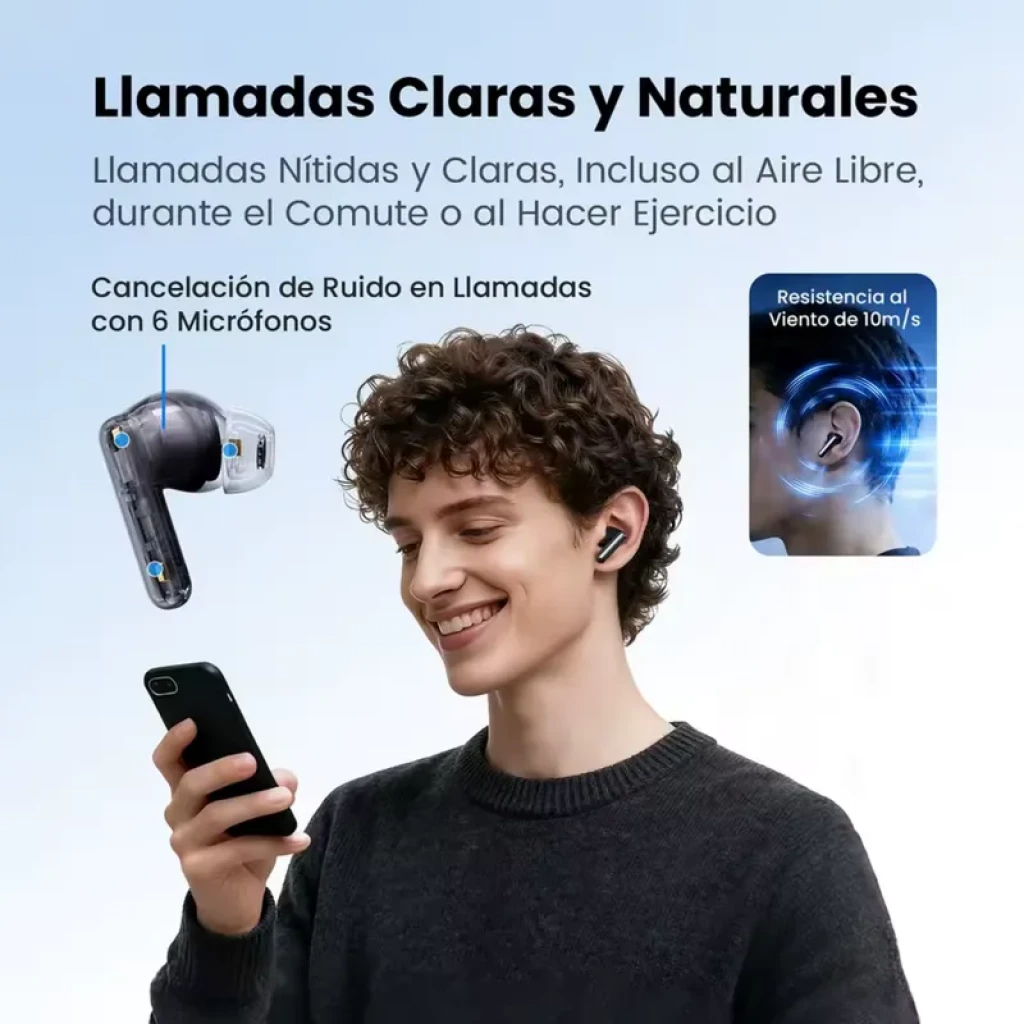 Haylou Flowbuds N55 blancos con diseño intraauricular, vástago corto y estuche transparente; micrófonos múltiples para llamadas claras y ajuste cómodo en