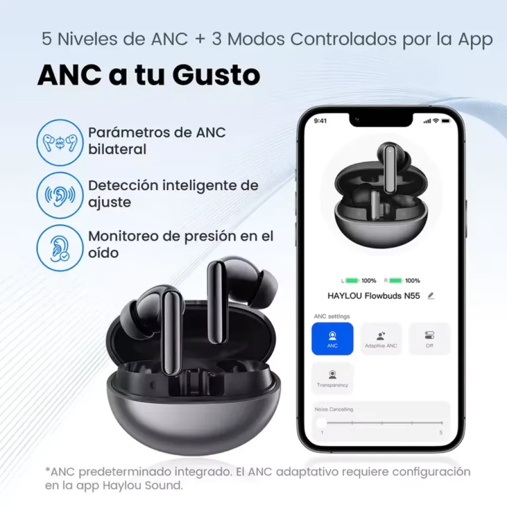 Auriculares Haylou Flowbuds N55 blancos con estuche redondeado, diseño in-ear con tallo, indicador LED y app en smartphone mostrando controles ANC y ajustes