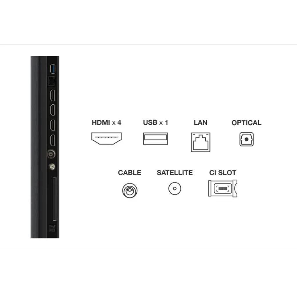Puertos laterales TCL 50C61K: 4 HDMI, 1 USB, LAN, óptico, cable, satélite y ranura CI. Diseño metálico QLED 4K Google TV de 50 pulgadas.