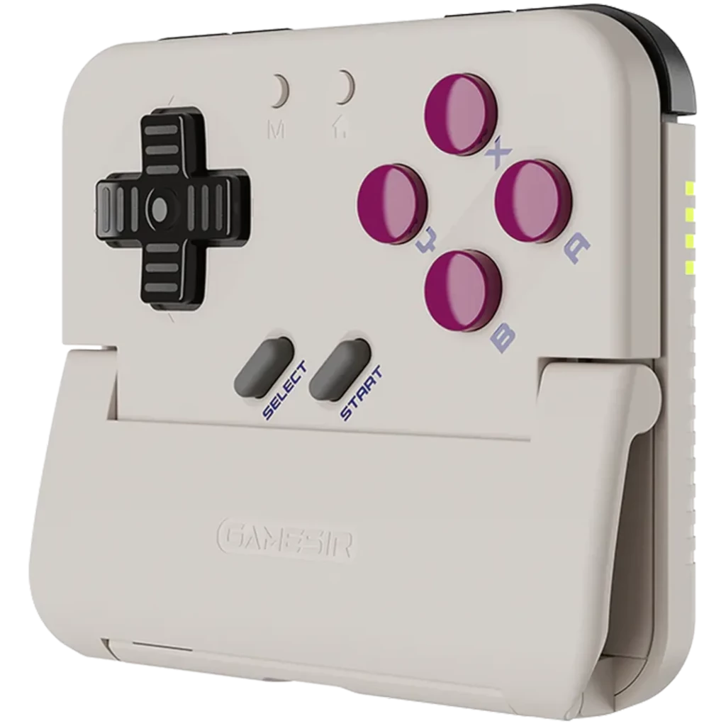 GameSir Pocket Taco P1 gamepad compacto color crema con cruceta negra, botones A B X Y morados y soporte plegable para Android con luces laterales LEDs