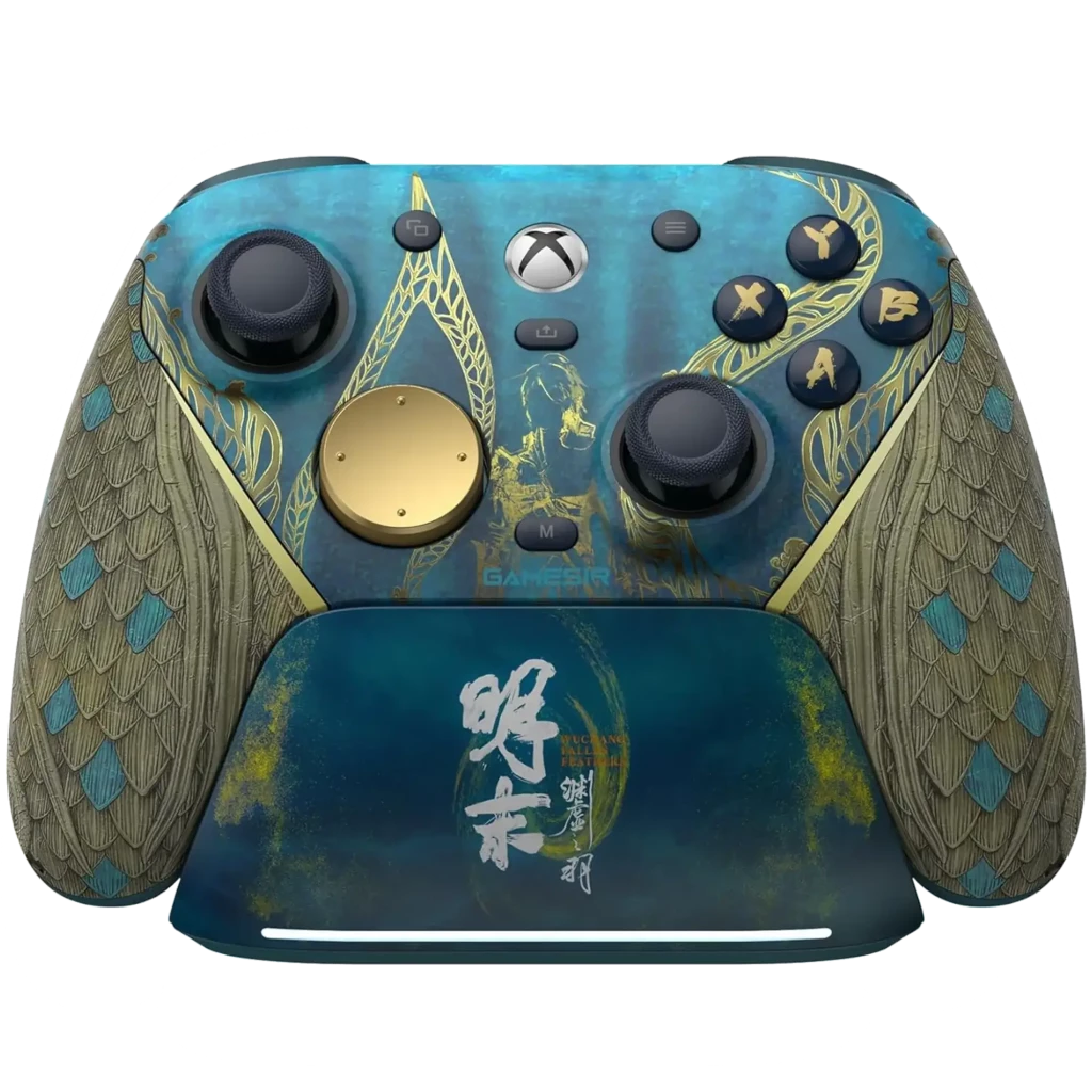 Manette GameSir G7 Pro Wuchan Edition bleu jade, motifs dorés et ailes gravées, joysticks noirs, croix dorée, base de recharge assortie avec calligraphie