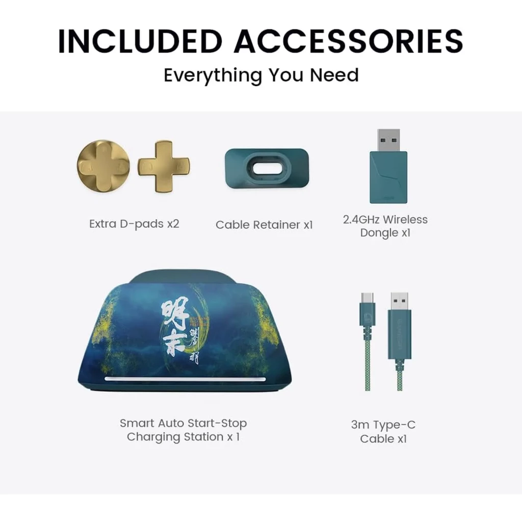 Accesorios GameSir G7 Pro Wuchan Edition: dos D-pads extra, sujeta cable, dongle USB 2.4GHz, base de carga auto start-stop y cable USB-C de 3 m