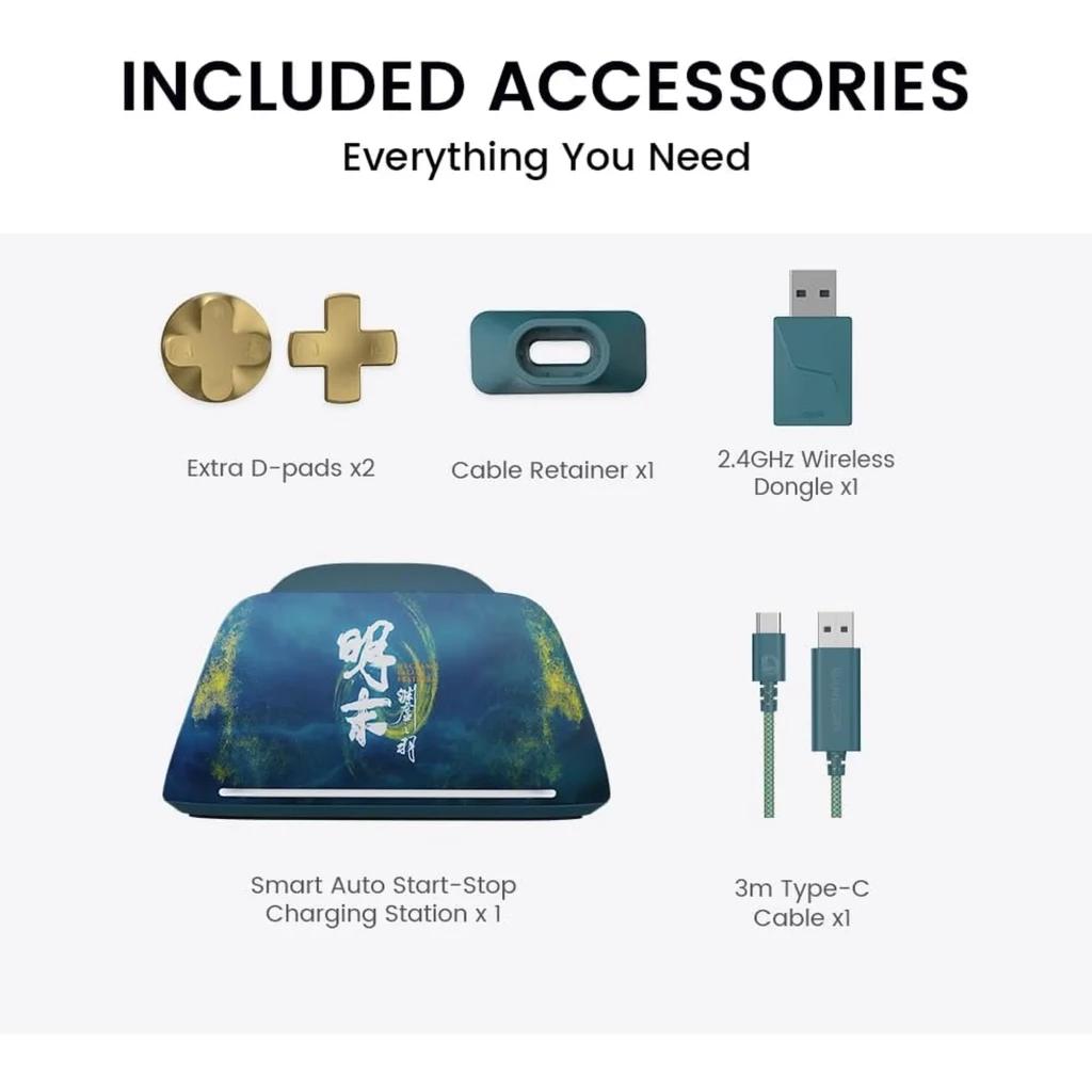 Accesorios GameSir G7 Pro Wuchan Edition: dos D-pads extra, sujeta cable, dongle USB 2.4GHz, base de carga auto start-stop y cable USB-C de 3 m