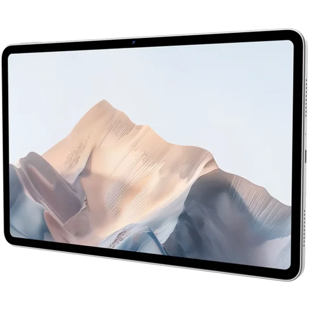 Tablet Nubia Pad Pro 10.9 Plata con marco delgado, pantalla amplia con biseles finos, cámara frontal centrada y cuerpo metálico; diseño elegante y moderno