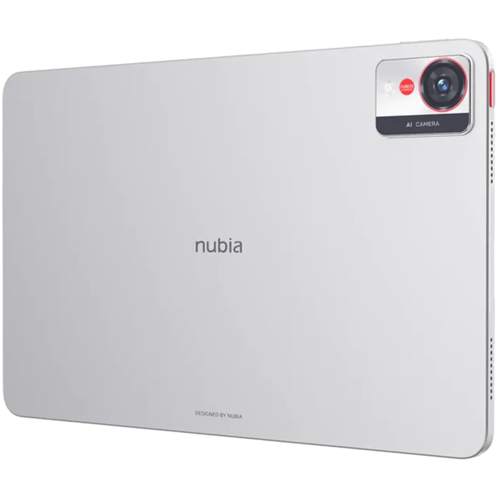 Nubia Pad Pro 10.9 Plata con cuerpo metálico plata, cámara trasera grande con aro rojo y módulo AI, bordes rectos y altavoces laterales