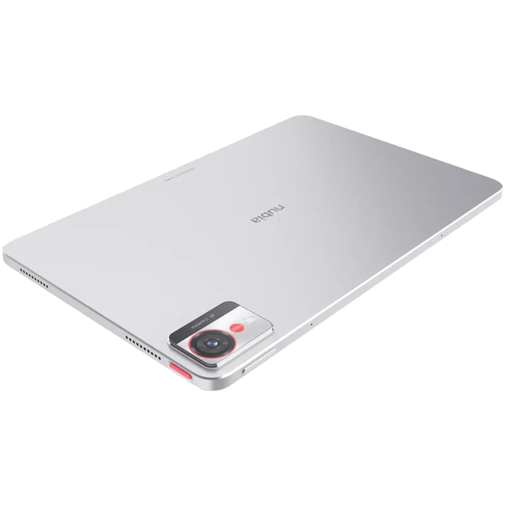 Nubia Pad Pro 10.9 16GB/512GB WiFi Plata con cuerpo metálico plateado, bordes rectos y módulo de cámara trasera rectangular con lente grande y flash