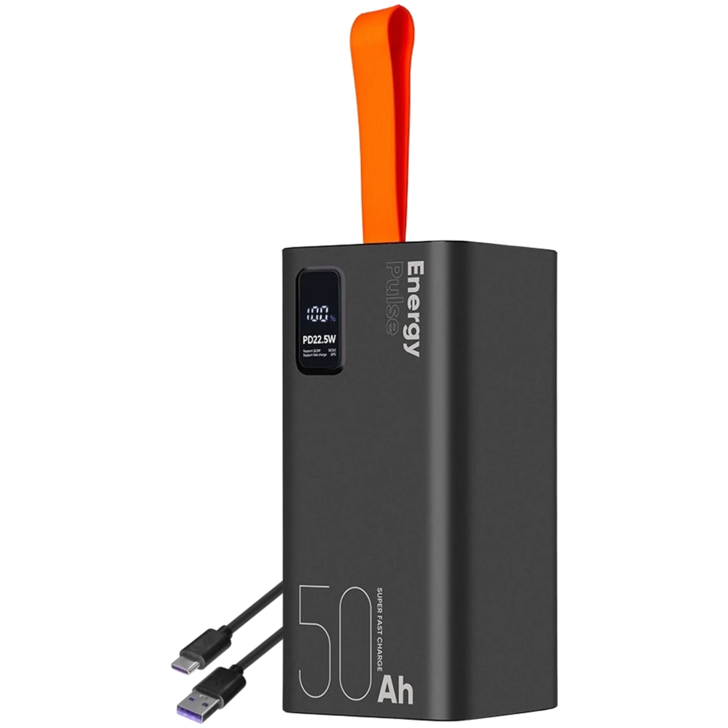 OBAL ME EnergyPulse Preto Powerbank 50000mAh 22,5W com display digital, corpo preto fosco, alça laranja e cabos USB incluídos, design robusto e portátil