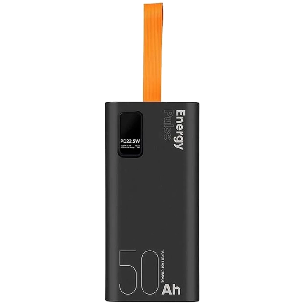 OBAL: ME EnergyPulse Preto Powerbank 50000mAh 22,5W com corpo preto fosco, tela indicadora PD 22,5W, destaque 50 Ah e alça laranja para transporte