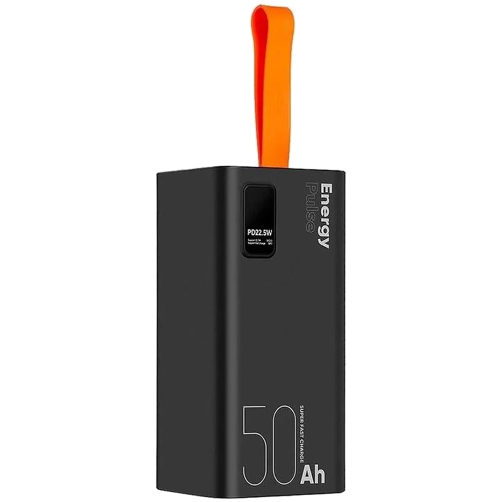 OBAL: ME EnergyPulse Preto Powerbank 50000mAh 22,5W – corpo preto compacto, display PD 22,5W, marcação 50Ah em branco e alça laranja destacável