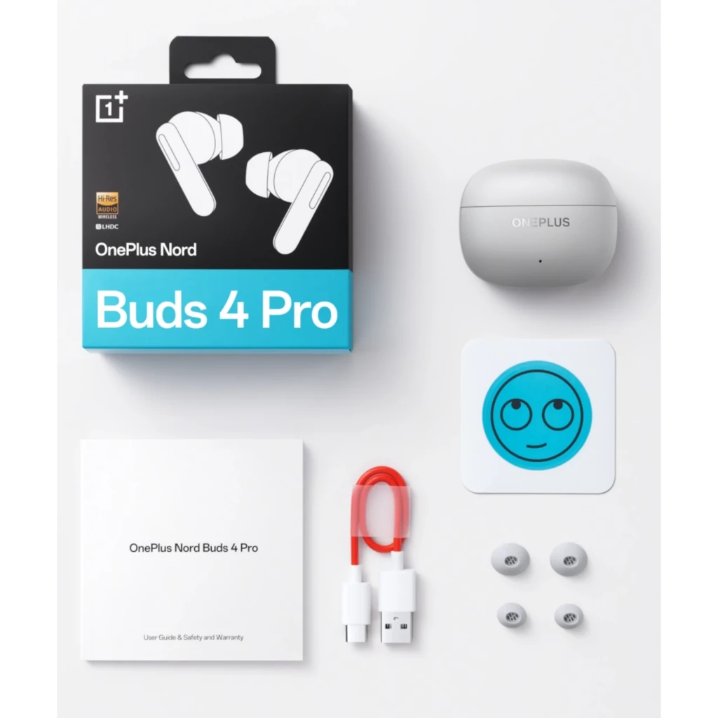 Oneplus Nord Buds 4 Pro Negro auriculares in ear con estuche gris, almohadillas intercambiables, cable USB rojo, guía y calcomanía sonriente en caja oficial