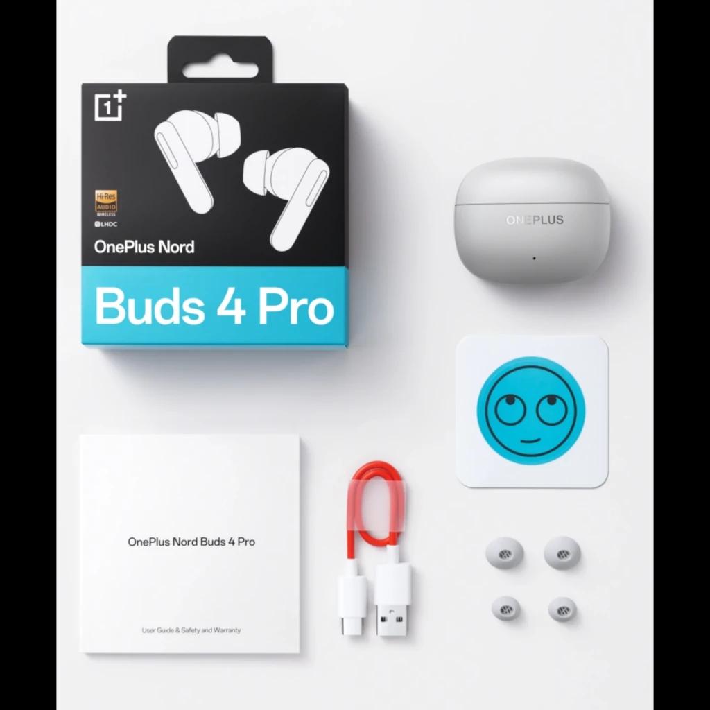 Oneplus Nord Buds 4 Pro Negro auriculares in ear con estuche gris, almohadillas intercambiables, cable USB rojo, guía y calcomanía sonriente en caja oficial