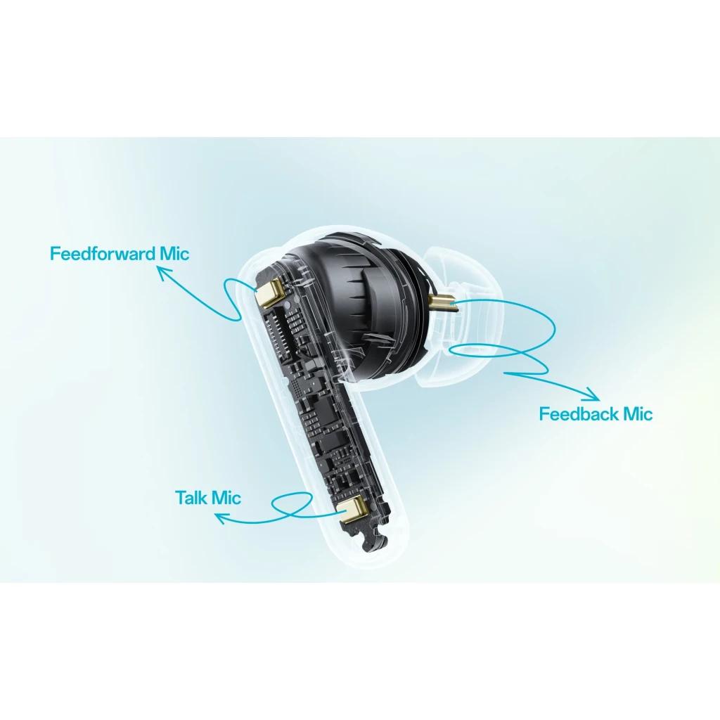 Oneplus Nord Buds 4 Pro Negro auricular inalámbrico en corte transversal, muestra tres micrófonos Talk, Feedforward y Feedback y componentes internos