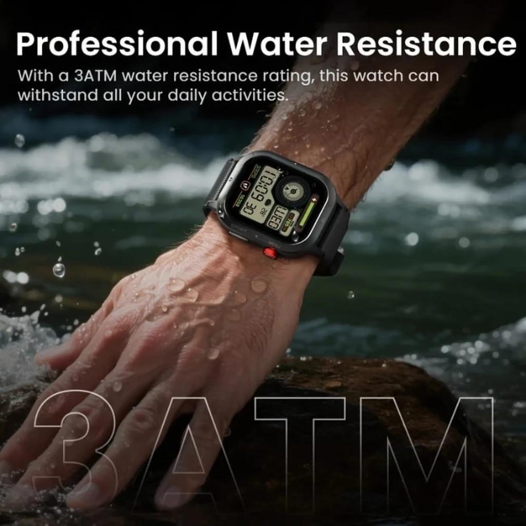 Haylou IRON Neo Preto com caixa robusta, mostrador retangular, pulseira preta e resistência à água 3ATM; botões laterais e tela colorida legível outdoors