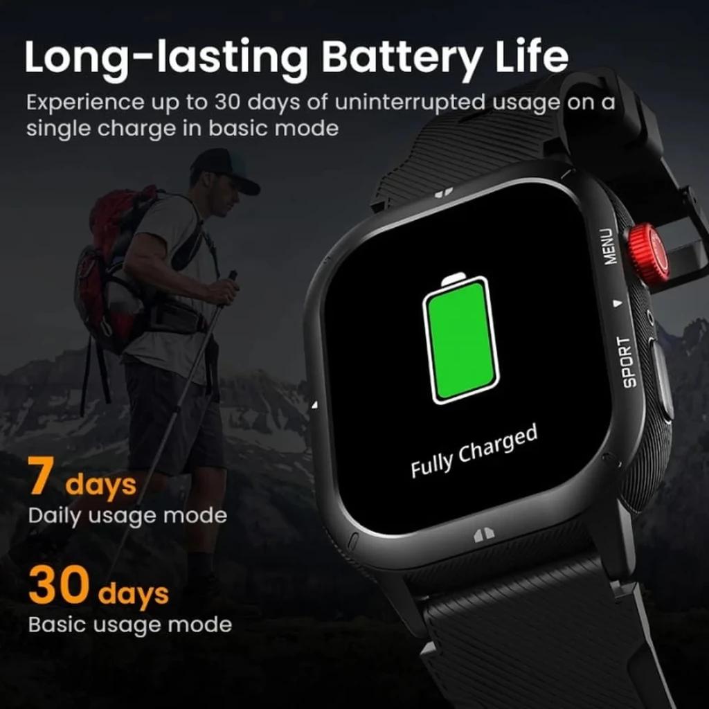 Smartwatch Haylou IRON Neo Preto com tela quadrada, botão coroa vermelho, pulseira preta e indicador de bateria cheia; destaque para design robusto.