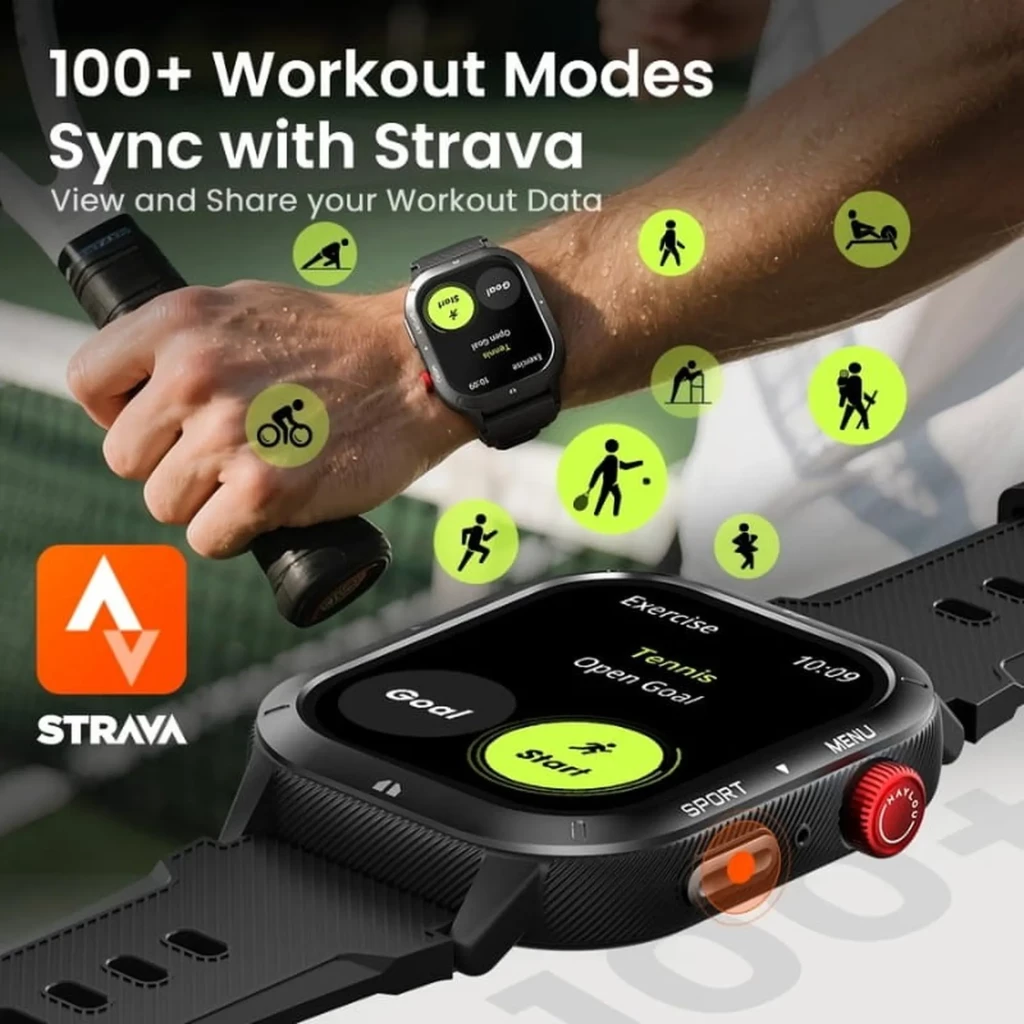 Haylou IRON Neo Preto com caixa preta, mostrador retangular curvo, botões vermelho e preto texturizados, pulseira esportiva perfurada e tela com modos de