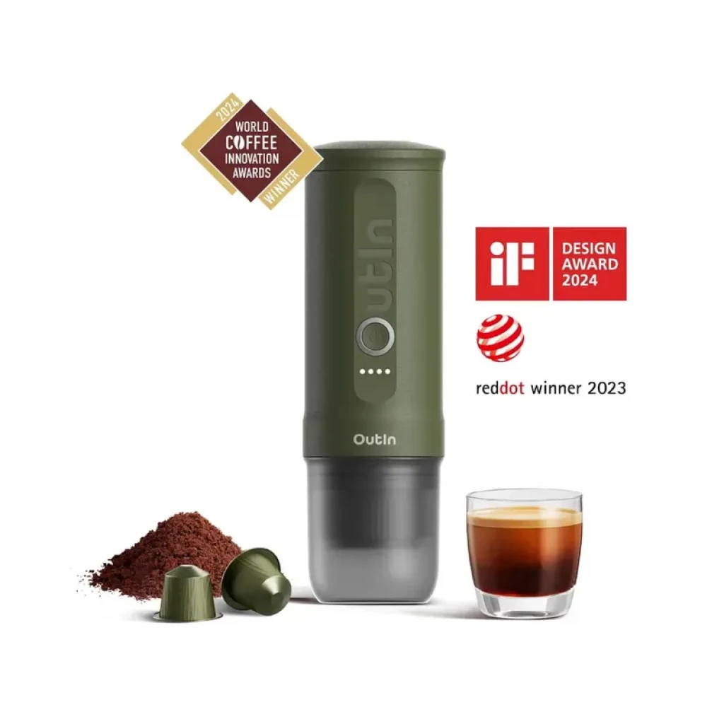 Cafetière électrique portable Outin Nano verte, compacte, compatible capsules et café moulu, 80 ml, 20 bars, indicateurs LED, récompenses iF et Red Dot